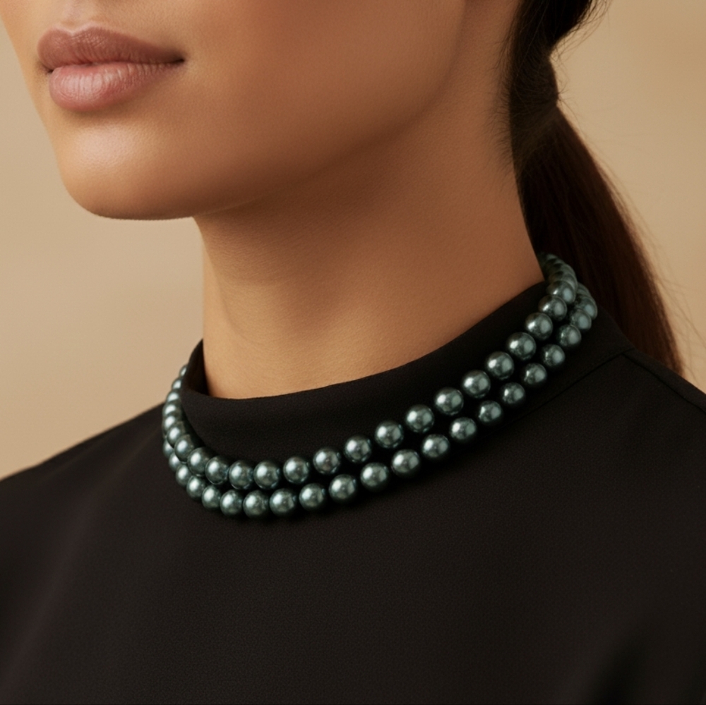 Vintage Signed Hobe' Olive Black Double Strand Glass Faux Pearl Choker Necklace